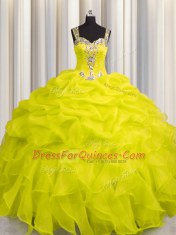 See Through Zipper Up Straps Sleeveless Quinceanera Gown Floor Length Appliques and Ruffles Yellow Organza