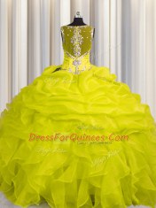 See Through Zipper Up Straps Sleeveless Quinceanera Gown Floor Length Appliques and Ruffles Yellow Organza