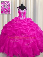 See Through Zipper Up Sleeveless Floor Length Appliques and Ruffles and Ruffled Layers Zipper Sweet 16 Quinceanera Dress with Hot Pink