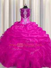 See Through Zipper Up Sleeveless Floor Length Appliques and Ruffles and Ruffled Layers Zipper Sweet 16 Quinceanera Dress with Hot Pink
