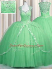 Custom Design Sweetheart Cap Sleeves Tulle Ball Gown Prom Dress Beading and Appliques Brush Train Zipper