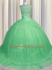 Custom Design Sweetheart Cap Sleeves Tulle Ball Gown Prom Dress Beading and Appliques Brush Train Zipper