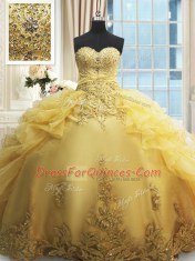 Decent Floor Length Gold Sweet 16 Dress Organza Sleeveless Beading and Appliques and Ruffles
