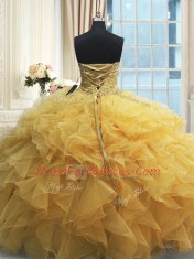 Decent Floor Length Gold Sweet 16 Dress Organza Sleeveless Beading and Appliques and Ruffles
