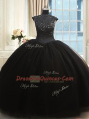 On Sale Black High-neck Neckline Beading Quinceanera Dresses Cap Sleeves Zipper