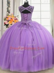 Enchanting See Through Lavender Lace Up 15th Birthday Dress Beading and Appliques Sleeveless Floor Length