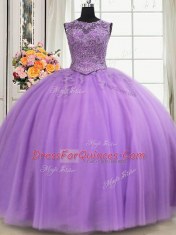 Enchanting See Through Lavender Lace Up 15th Birthday Dress Beading and Appliques Sleeveless Floor Length