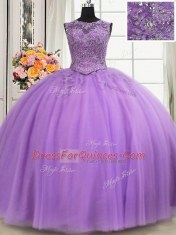 Enchanting See Through Lavender Lace Up 15th Birthday Dress Beading and Appliques Sleeveless Floor Length