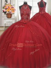 Halter Top Court Train Red Sleeveless Beading and Appliques Lace Up Quince Ball Gowns