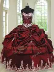 Sexy Wine Red Ball Gowns Sweetheart Sleeveless Taffeta Floor Length Lace Up Beading and Appliques and Pick Ups Ball Gown Prom Dress