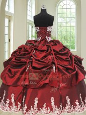 Sexy Wine Red Ball Gowns Sweetheart Sleeveless Taffeta Floor Length Lace Up Beading and Appliques and Pick Ups Ball Gown Prom Dress