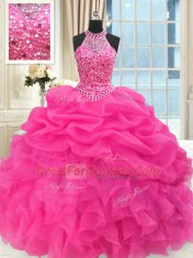 See Through Beaded Bodice Hot Pink Lace Up High-neck Beading and Ruffles and Pick Ups Sweet 16 Dresses Organza Sleeveless