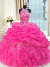 See Through Beaded Bodice Hot Pink Lace Up High-neck Beading and Ruffles and Pick Ups Sweet 16 Dresses Organza Sleeveless