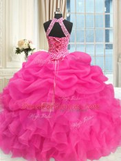 See Through Beaded Bodice Hot Pink Lace Up High-neck Beading and Ruffles and Pick Ups Sweet 16 Dresses Organza Sleeveless