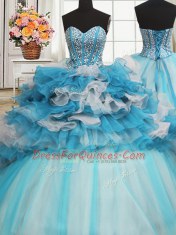 Spectacular Visible Boning Beaded Bodice Blue And White Sleeveless Floor Length Beading and Ruffled Layers Lace Up Ball Gown Prom Dress