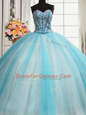 Spectacular Visible Boning Beaded Bodice Blue And White Sleeveless Floor Length Beading and Ruffled Layers Lace Up Ball Gown Prom Dress