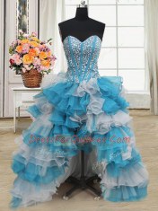 Spectacular Visible Boning Beaded Bodice Blue And White Sleeveless Floor Length Beading and Ruffled Layers Lace Up Ball Gown Prom Dress
