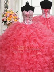 Inexpensive Beaded Bodice Organza Sleeveless Floor Length Vestidos de Quinceanera and Beading and Ruffles