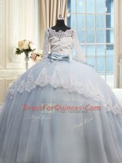 Excellent Scalloped Beading and Lace and Bowknot Quinceanera Gowns Light Blue Lace Up Half Sleeves Brush Train