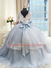 Excellent Scalloped Beading and Lace and Bowknot Quinceanera Gowns Light Blue Lace Up Half Sleeves Brush Train
