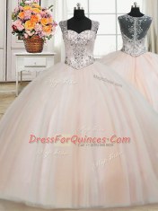 Affordable See Through Back Zipper Up Peach 15th Birthday Dress Military Ball and Sweet 16 and Quinceanera and For with Beading Straps Cap Sleeves Zipper