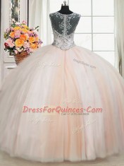 Affordable See Through Back Zipper Up Peach 15th Birthday Dress Military Ball and Sweet 16 and Quinceanera and For with Beading Straps Cap Sleeves Zipper