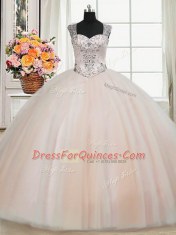 Affordable See Through Back Zipper Up Peach 15th Birthday Dress Military Ball and Sweet 16 and Quinceanera and For with Beading Straps Cap Sleeves Zipper