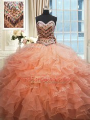 Exquisite Beaded Bodice Floor Length Ball Gowns Sleeveless Watermelon Red and Peach Sweet 16 Dress Lace Up
