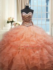 Exquisite Beaded Bodice Floor Length Ball Gowns Sleeveless Watermelon Red and Peach Sweet 16 Dress Lace Up