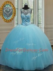 Scoop Baby Blue Sleeveless Tulle Lace Up Sweet 16 Quinceanera Dress for Military Ball and Sweet 16 and Quinceanera