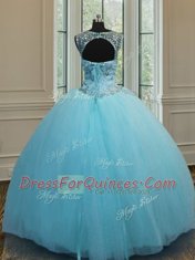 Scoop Baby Blue Sleeveless Tulle Lace Up Sweet 16 Quinceanera Dress for Military Ball and Sweet 16 and Quinceanera
