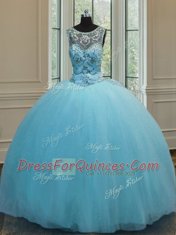 Scoop Baby Blue Sleeveless Tulle Lace Up Sweet 16 Quinceanera Dress for Military Ball and Sweet 16 and Quinceanera