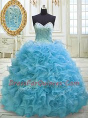 Extravagant Baby Blue Ball Gown Prom Dress Organza Sweep Train Sleeveless Beading and Sequins