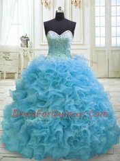 Extravagant Baby Blue Ball Gown Prom Dress Organza Sweep Train Sleeveless Beading and Sequins