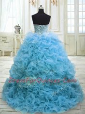 Extravagant Baby Blue Ball Gown Prom Dress Organza Sweep Train Sleeveless Beading and Sequins