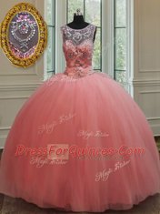 Nice Ball Gowns Sweet 16 Quinceanera Dress Watermelon Red Scoop Tulle Sleeveless Floor Length Lace Up