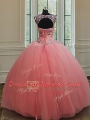 Nice Ball Gowns Sweet 16 Quinceanera Dress Watermelon Red Scoop Tulle Sleeveless Floor Length Lace Up