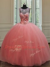Nice Ball Gowns Sweet 16 Quinceanera Dress Watermelon Red Scoop Tulle Sleeveless Floor Length Lace Up