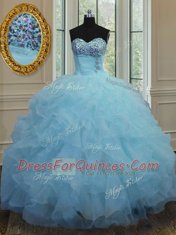 Fantastic Sweetheart Sleeveless Quinceanera Gowns Floor Length Beading and Ruffles Baby Blue Organza