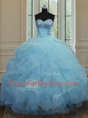 Fantastic Sweetheart Sleeveless Quinceanera Gowns Floor Length Beading and Ruffles Baby Blue Organza