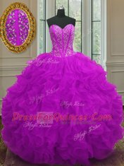 Floor Length Purple Quinceanera Gowns Organza Sleeveless Beading and Ruffles
