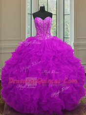 Floor Length Purple Quinceanera Gowns Organza Sleeveless Beading and Ruffles