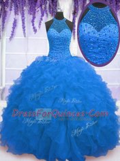 Beauteous Sleeveless Organza Floor Length Zipper 15th Birthday Dress in Blue with Beading and Ruffles