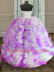 White And Purple Ball Gowns Sweetheart Sleeveless Organza Floor Length Lace Up Beading and Ruffles Quinceanera Gowns