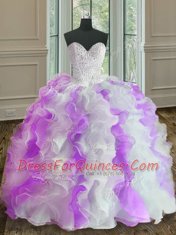 White And Purple Ball Gowns Sweetheart Sleeveless Organza Floor Length Lace Up Beading and Ruffles Quinceanera Gowns