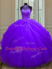 Suitable Halter Top Beading and Sequins Vestidos de Quinceanera Purple Lace Up Sleeveless Floor Length