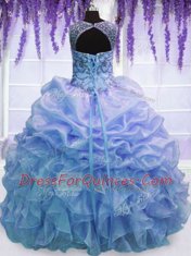 Scoop Organza Sleeveless Floor Length 15th Birthday Dress and Beading and Ruffles