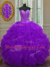 Best Sweetheart Sleeveless Organza Quinceanera Gown Beading and Ruffles Lace Up