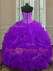 Best Sweetheart Sleeveless Organza Quinceanera Gown Beading and Ruffles Lace Up