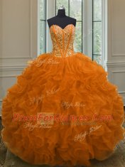 Eye-catching Orange Red Lace Up Sweetheart Beading and Ruffles Quinceanera Dresses Organza Sleeveless